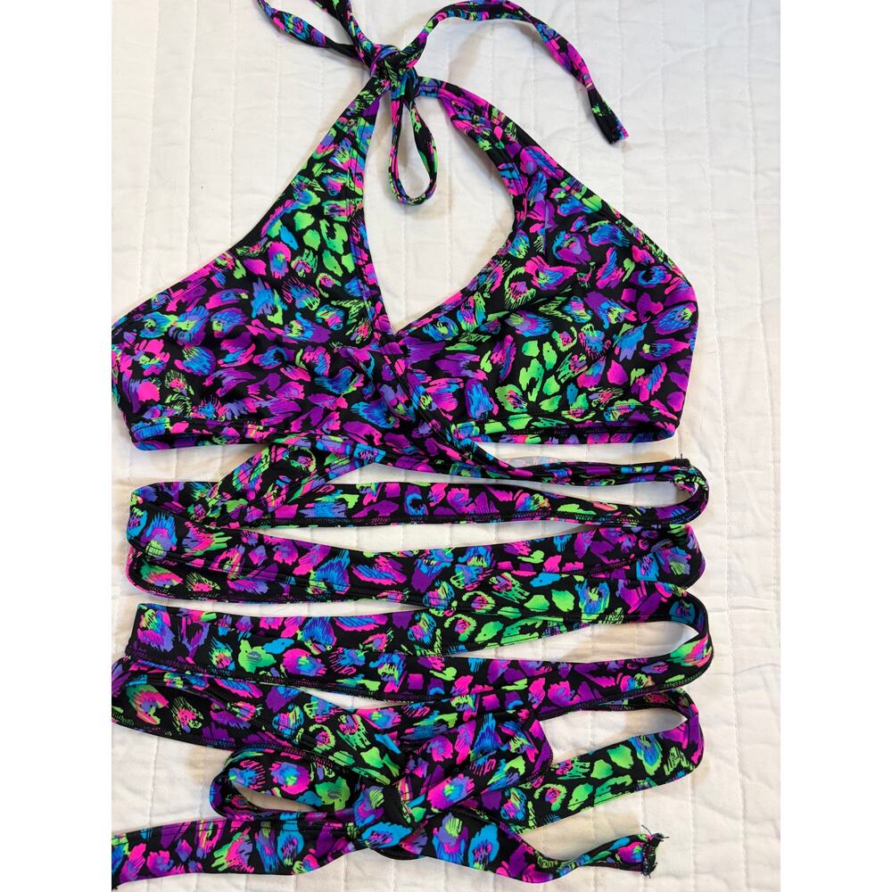 Rave Wonderland Neon Cheetah Wrap Bikini Set High Waisted Lace Up Rave Festival - Picture 3 of 7
